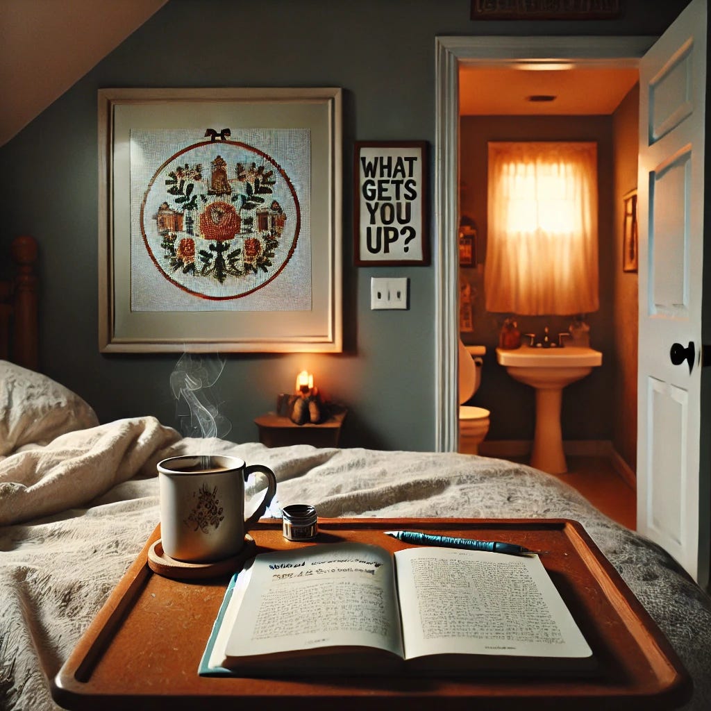 A cozy early morning bedroom scene with soft pre-dawn light. In the foreground, a steaming cup of coffee sits on a bedside table next to an open journal and pen. In the background, a bathroom door is slightly ajar with warm light spilling into the dim room. On the wall above the table, there’s a small, framed cross-stitch sampler in the style of a grandmother’s decor—warm, homey, with floral borders. The stitched message inside the frame reads: 'What Gets You Up?'. The overall aesthetic is minimal, editorial, and gentle, using muted tones of soft blues, warm browns, and golds.