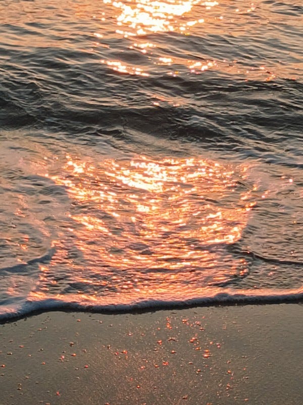 Photo en gros plan du rivage de l'océan au coucher de soleil, juste après qu'une vague se soit retirée: on voit le sable humide recouvert en partie par un liseré d'écume et une vague en mouvement dorée des reflets orangés du soleil couchant