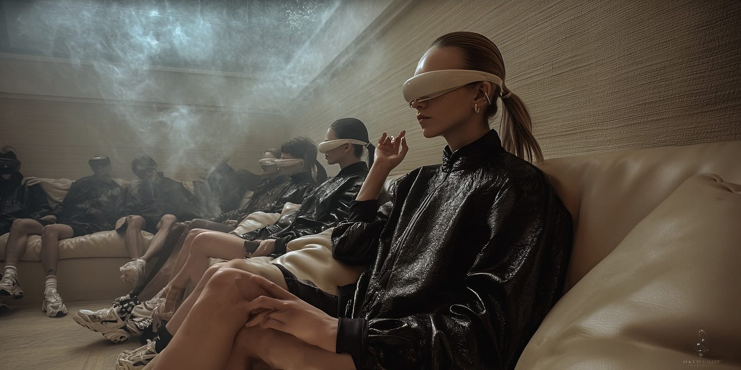 AI-generated fashion portraits by photographer Tobias Schneider, featuring the author in hyperreal, futuristic lounge environments. Created for an article exploring source monitoring error, memory distortion, and the psychological impact of seeing oneself in fictional yet photorealistic settings.