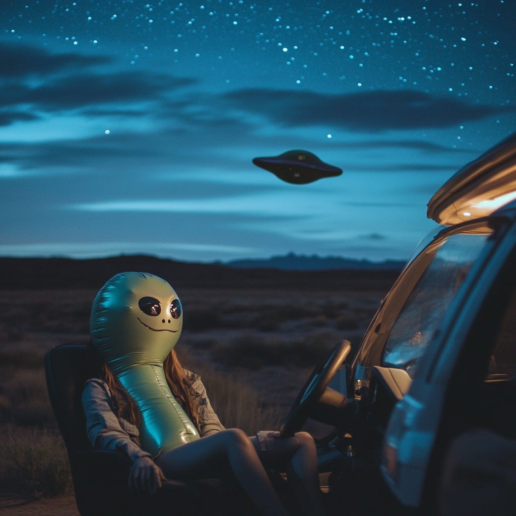 An photorealistic AI image of a woman with the head and body of an inflatable alien sitting outside of a van. A UFO is in the background. The steering wheel is on the outside of the van.