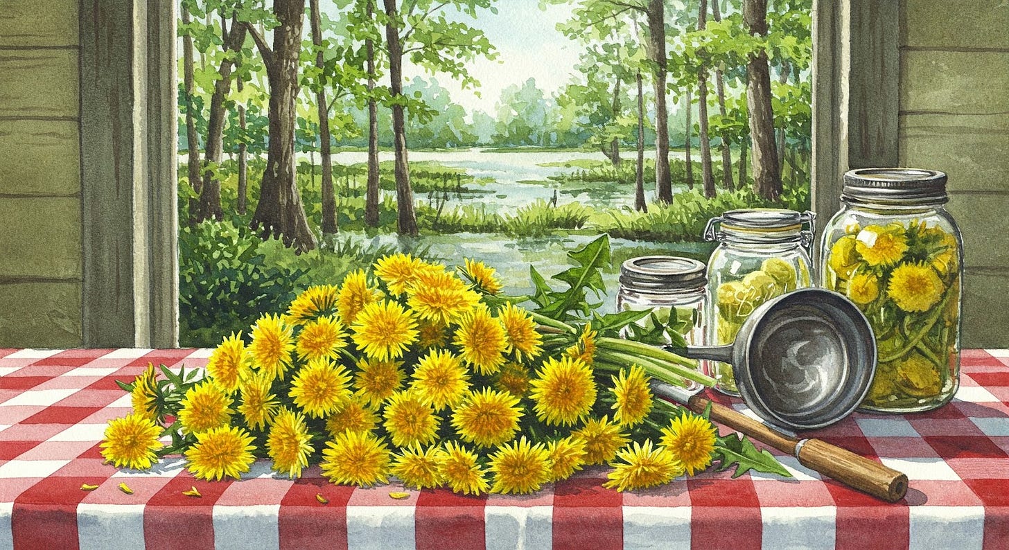 Pile of fresh dandelion flowers on a red and white checkered table cloth in a bayou kitchen. Pile of fresh dandelion flowers on a red and white checkered table cloth in a bayou kitchen.
