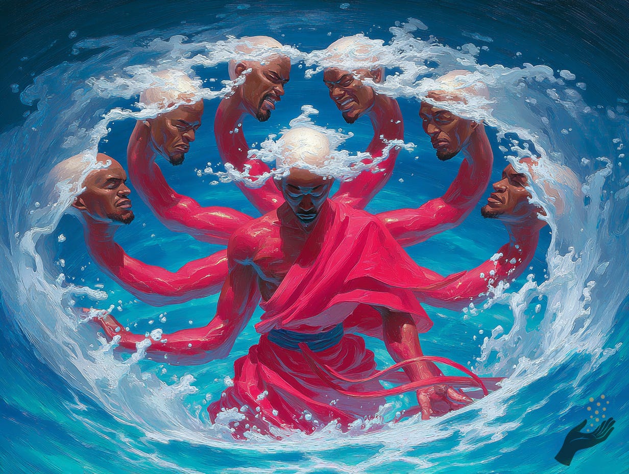 A central figure in a bright red-pink robe stands within swirling blue and white surf, with repeated bald heads encircled by white foamy water and multiple arms extending outward.