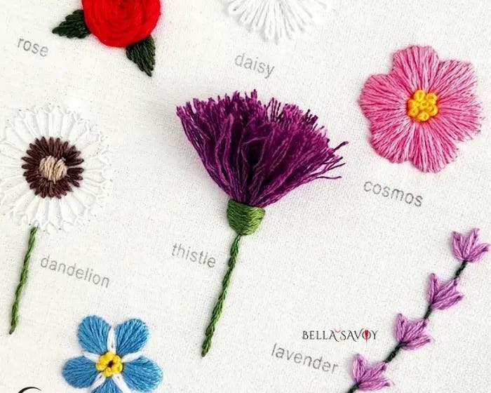 finished flower embroidery including rose, cosmos, thistle, lavender, dandelion, and forget-me-not