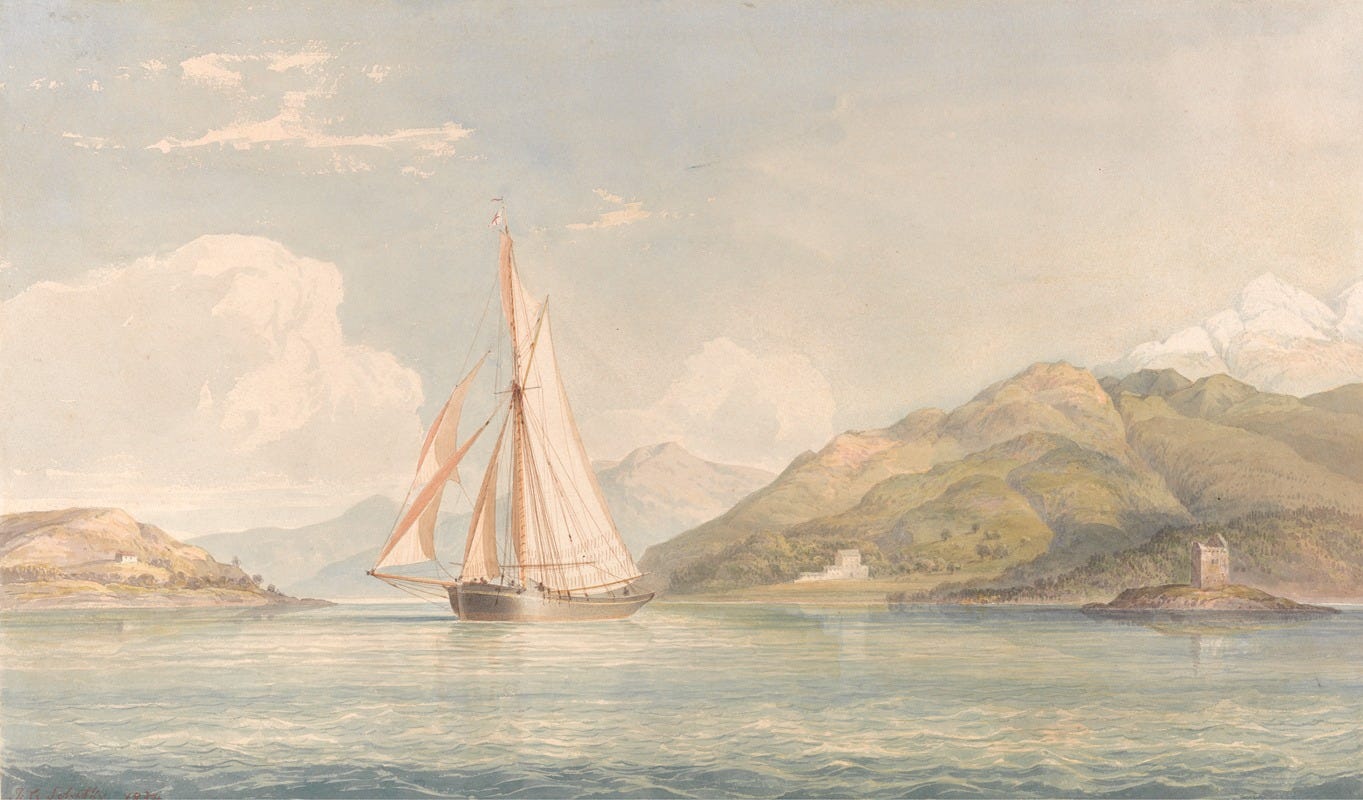John Christian Schetky - Boat Sailing to the Left with Mountains in the Background John Christian Schetky - Boat Sailing to the Left with Mountains in the Background