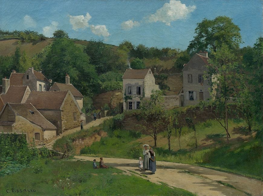 Camille Pissarro, The Hermitage at Pontoise, ca. 1867. Oil on canvas, 59 3/16 x 78 3/4 inches (150.3 x 200 cm)