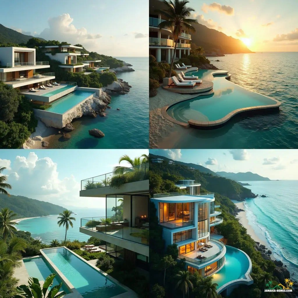 Modern development schemes in Jamaica near the coast and beaches feature sleek glass architecture, incorporating unique swimming pools both at ground level and on rooftops. These designs not only offer stunning views of the Caribbean Sea but also blend contemporary style with the tropical landscape, creating luxurious spaces that feel open and light.