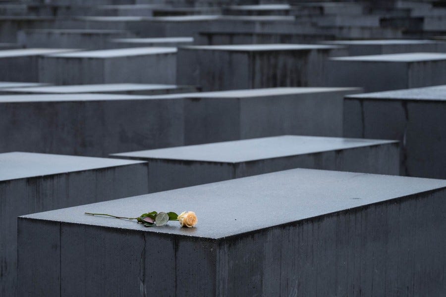A rose is placed on a memorial stone, among many other stones.