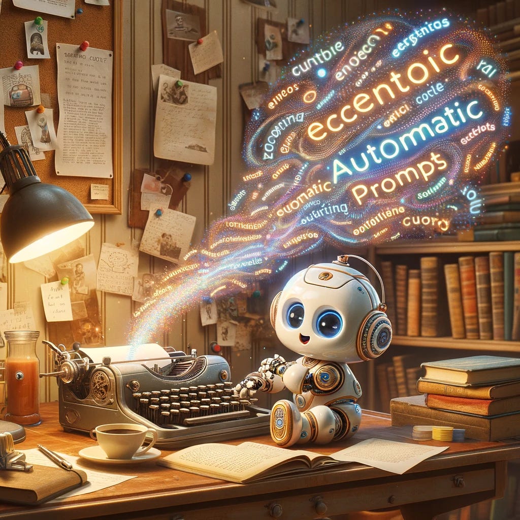 A charming baby robot, in line with the previous illustrations, situated in a cozy blogger's corner filled with technology and creativity. The scene showcases the robot typing on a vintage typewriter with a whimsical display of 'Eccentric Automatic Prompts' popping out of the machine and swirling around in a cloud of colorful digital script. The room has a warm, vintage vibe, with a bookshelf laden with old books, a cork board with notes and pictures, and a cup of coffee on the desk. The atmosphere suggests a blend of old-school writing with modern AI innovation, capturing the essence of using AI to generate creative and eccentric prompts for various uses. The robot's expression is one of focus and joy, emphasizing the fun and intriguing nature of AI-assisted content creation.