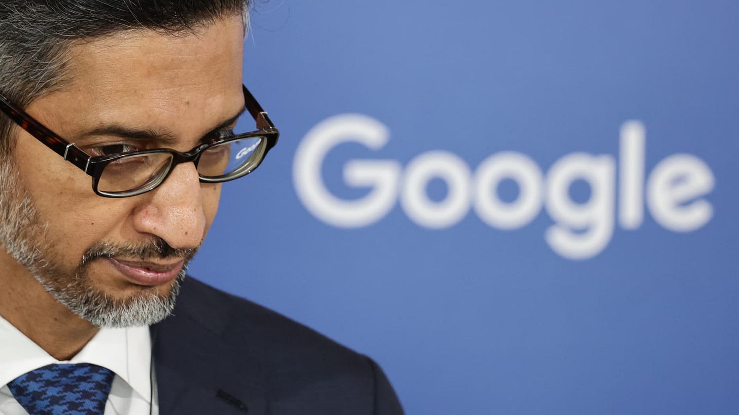 Google CEO Sundar Pichai during the press conference after his meeting with Polish PM Donald Tusk at Google for Startups Campus In Warsaw in Warsaw, Poland on February 13, 2025. (Photo by Jakub Porzycki/NurPhoto via Getty Images)