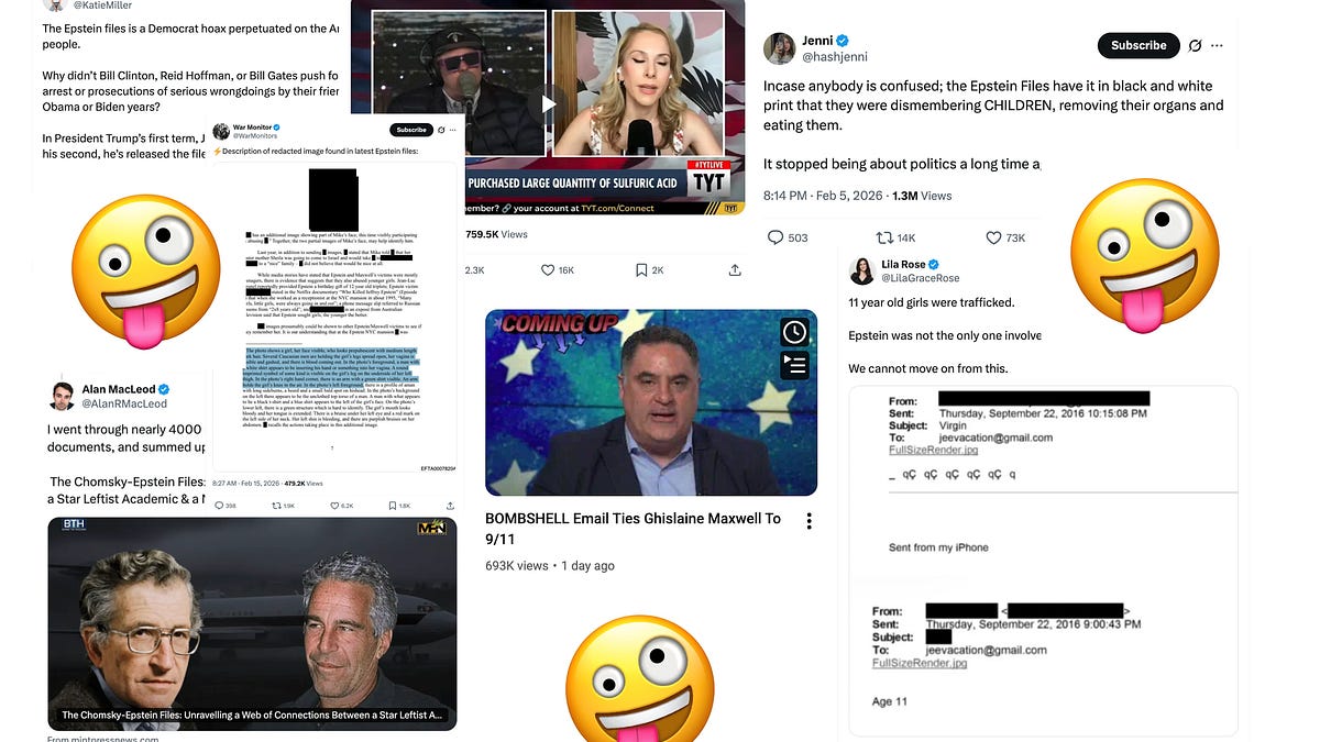 A selection of insane viral garbage tweets on the "Epstein Files"