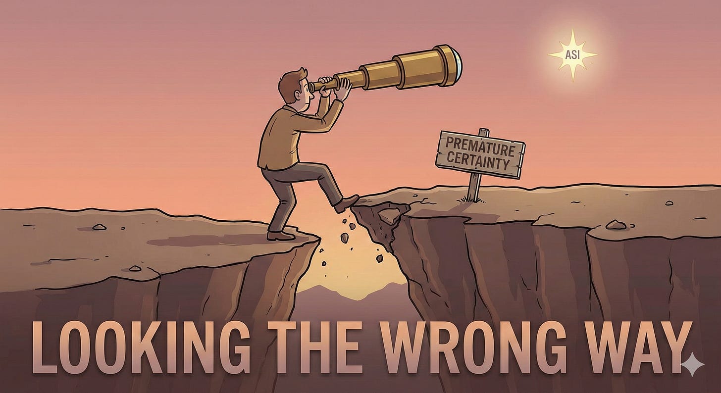 Illustration of a person looking through a telescope at a distant star labeled ASI while ignoring a sign about premature certainty.