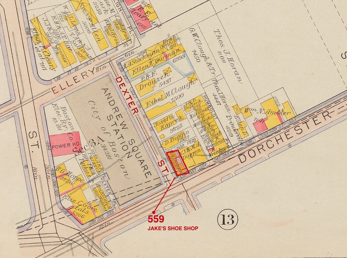 Bromley atlas plate 31, 1919, the same ground with Andrew Square Station in place. 559 Dorchester Avenue, Jake’s Shoe Shop, outlined in red.