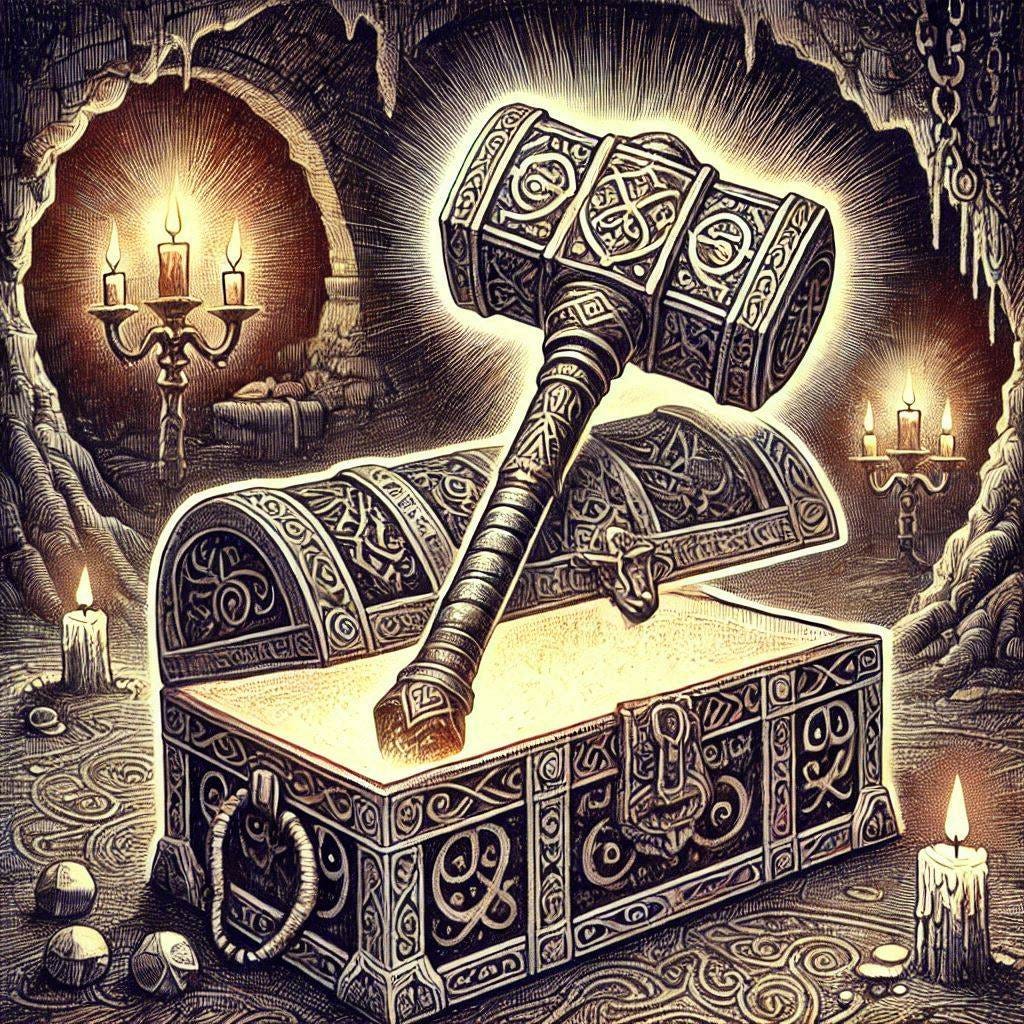 a fancy, ornamental warhammer in a treasure chest, inside a torchlit cavern, dungeons and dragons fantasy drawing