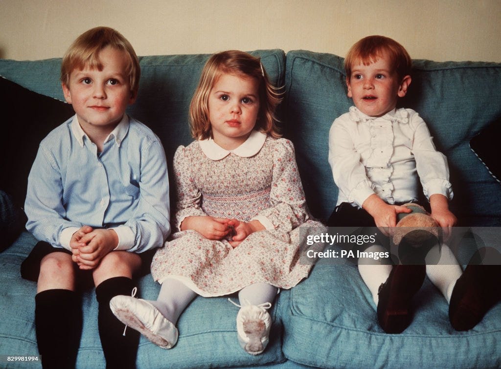 PA NEWS PHOTO 23/4/86  THREE OF THE CHILDREN WHO WILL ATTEND THE BRIDE SARAH FERGUSON WHEN SHE MARRIES PRINCE ANDREW IN WESTMINSTER ABBEY, LONDON ON 23/7/86.  (FROM LEFT TO RIGHT) SEAMUS MAKIN FIVE YEAR OLD NEPHEW OF THE BRIDE, SARAH FERGUSON'S HALF SISTER ALICE AND HALF BROTHER ANDREW FERGUSON.   (Photo by PA Images via Getty Images)