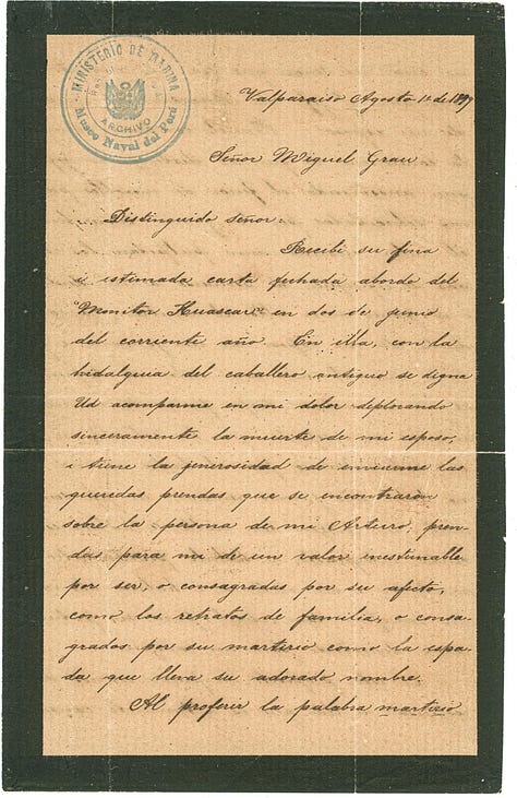 Cartas originales entre Miguel Grau y Carmela Carvajal de Prat