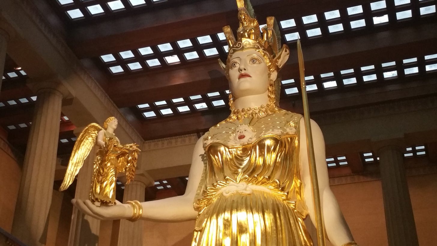 Close up of the Athena statue inside the Nashville Parthenon