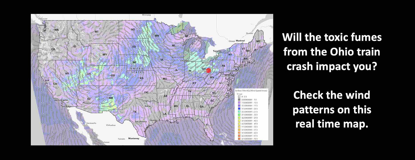 Will the toxic fumes from Ohio train crash reach you? Check the wind pattern on this real-time weather map.