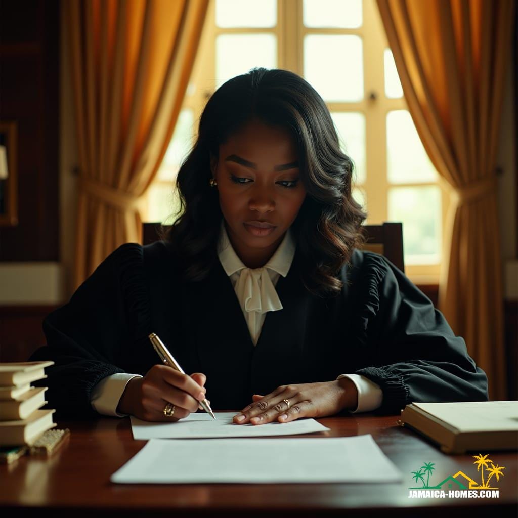 A regal black woman, adorned in a dignified judicial robe, sits poised behind a wooden desk, her authoritative presence commanding the space, as she meticulously reviews documents, her hands moving with precision, a warm Jamaican sunlight casting a gentle glow on her face, illuminating her determined expression, in a richly textured, cinematic film still, reminiscent of the works of Ava DuVernay,