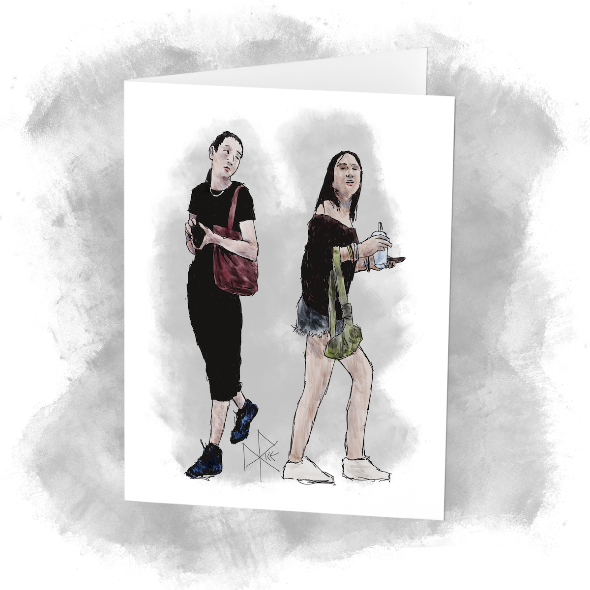Turning away from each other, two women bid each other farewell before heading in opposite directions. Sketch art by Don Rice. Turning away from each other, two women bid each other farewell before heading in opposite directions. Sketch art by Don Rice.