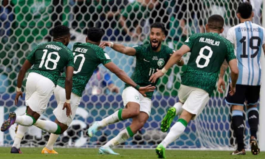 Saleh Al-Shehri of Saudi Arabia celebrates scoring the equaliser against Argentina on the way to the historic Saudi win. Saleh Al-Shehri of Saudi Arabia celebrates scoring the equaliser against Argentina on the way to the historic Saudi win.