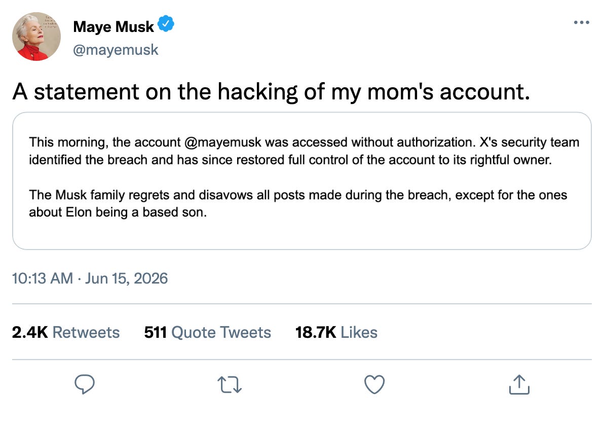 Fake tweet from Maye Musk: "im horny @fleshlight" Fake tweet from Maye Musk: "im horny @fleshlight"