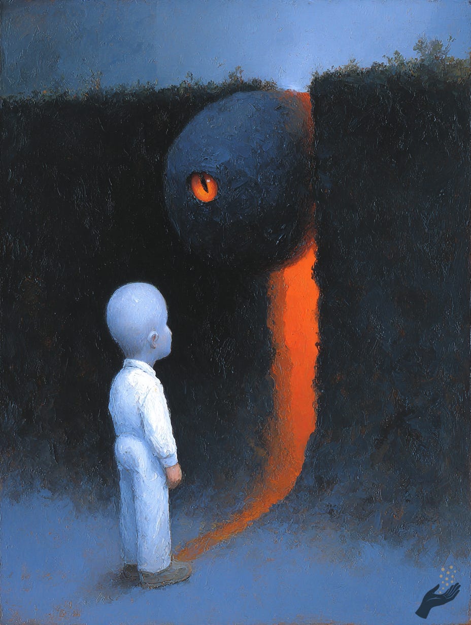 Surreal image of a small white figure facing a large blue creature-like shape with an orange eye.