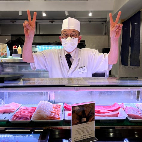 Pictures of the big fish market in Tokyo along with pieces of cut sushi.