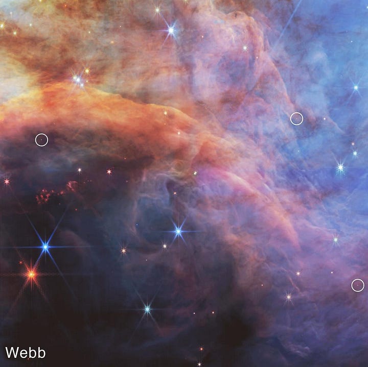 Four telescopic images of galaxies that look almost like body parts or beings. 