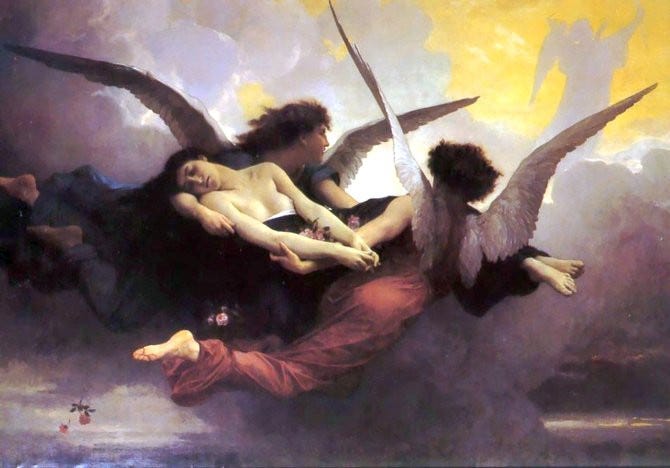 Two angels carrying a deceased person to heaven.