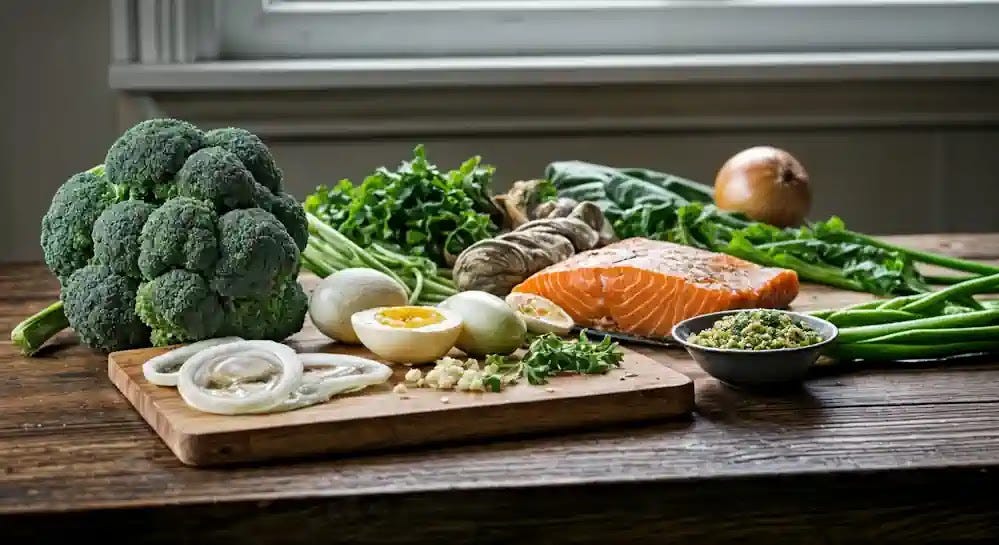 Broccoli, salmon, eggs, green leafy vegetables, onions, garlic, and oysters to testosterone. Broccoli, salmon, eggs, green leafy vegetables, onions, garlic, and oysters to testosterone.