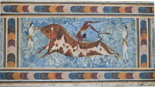 bull leaping Minoan Real Fresco from Knossos Palace Crete painting on wall  handpainted