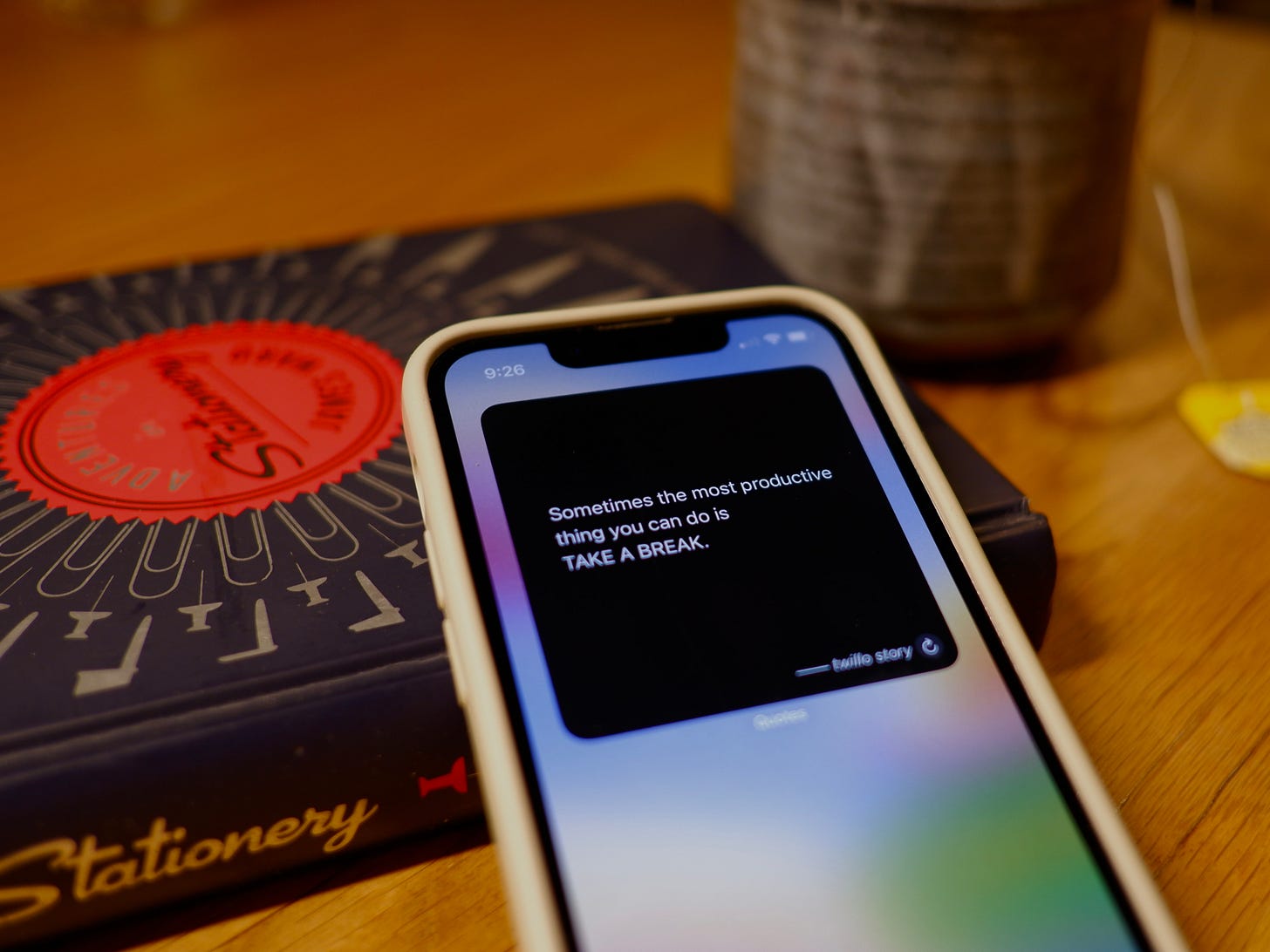 Iphone home screen widget showing a quote to help me relax and wind down after work.