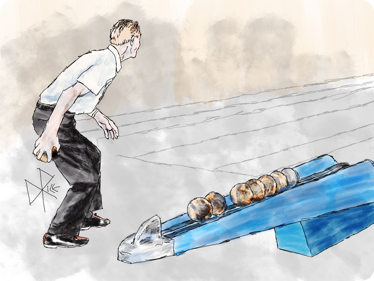 An elderly man stands crouched at the bowing alley, poised to take a step or two and then hurl the ball down his lane toward the pins. Sketch art by Don Rice.