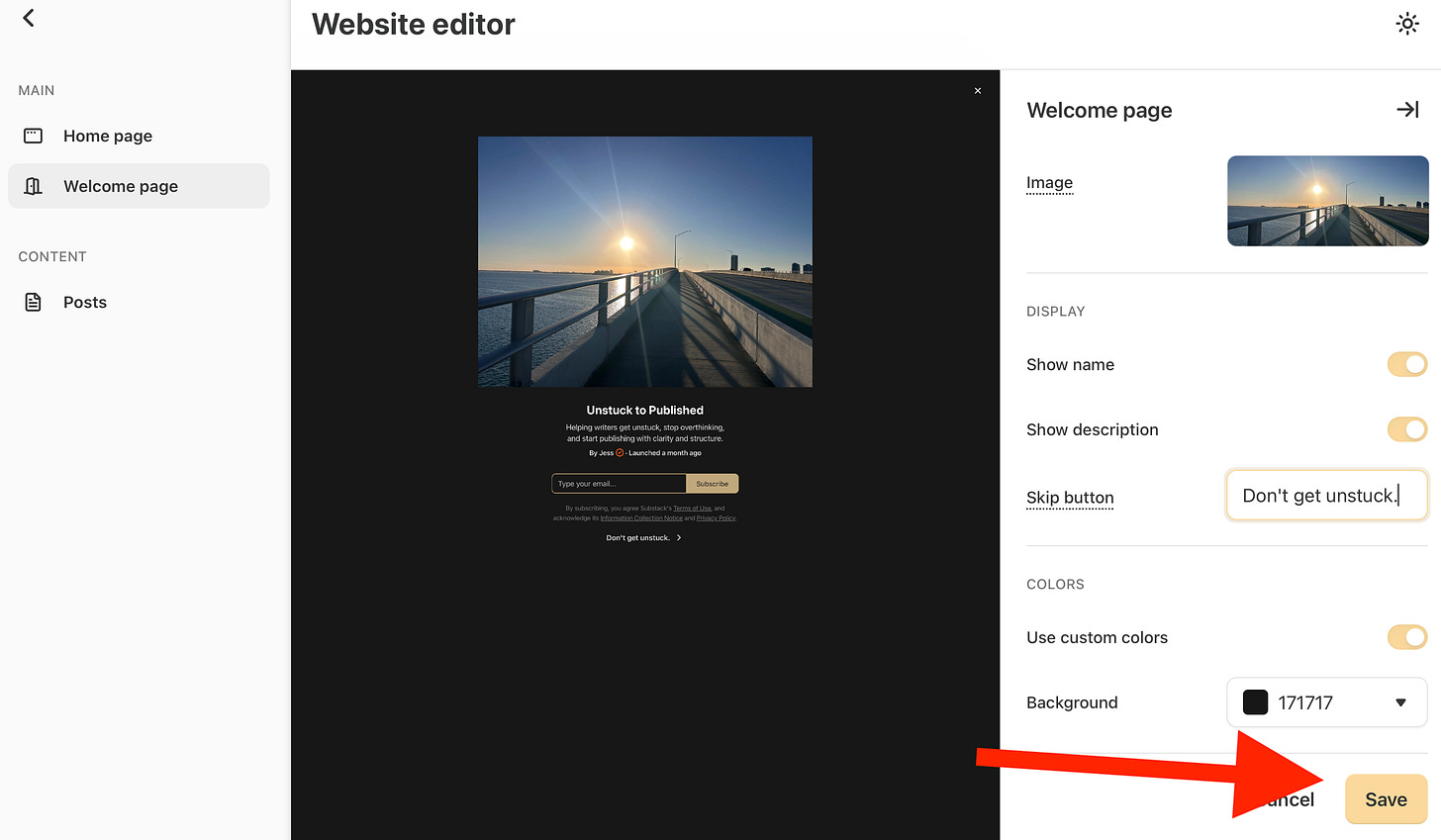 welcome page of the website editor