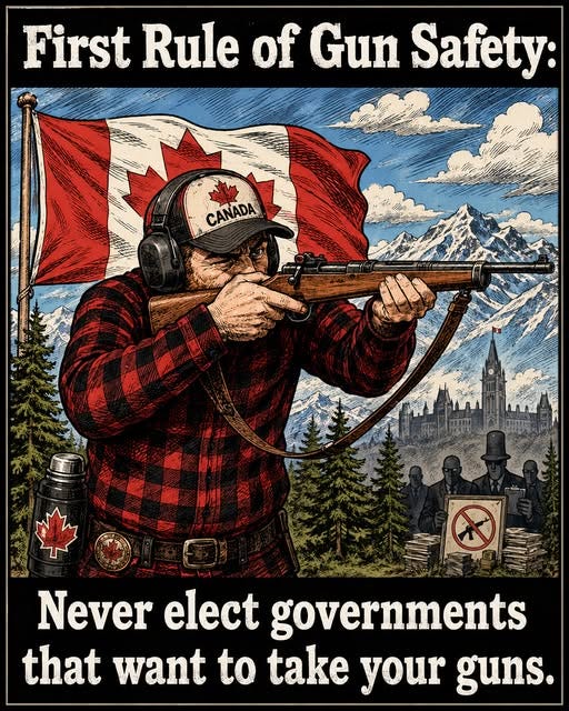 May be an image of text that says 'First Rule of Gun Safety: CANADA 岡學聞 Z Never elect governments that want to take your guns.'