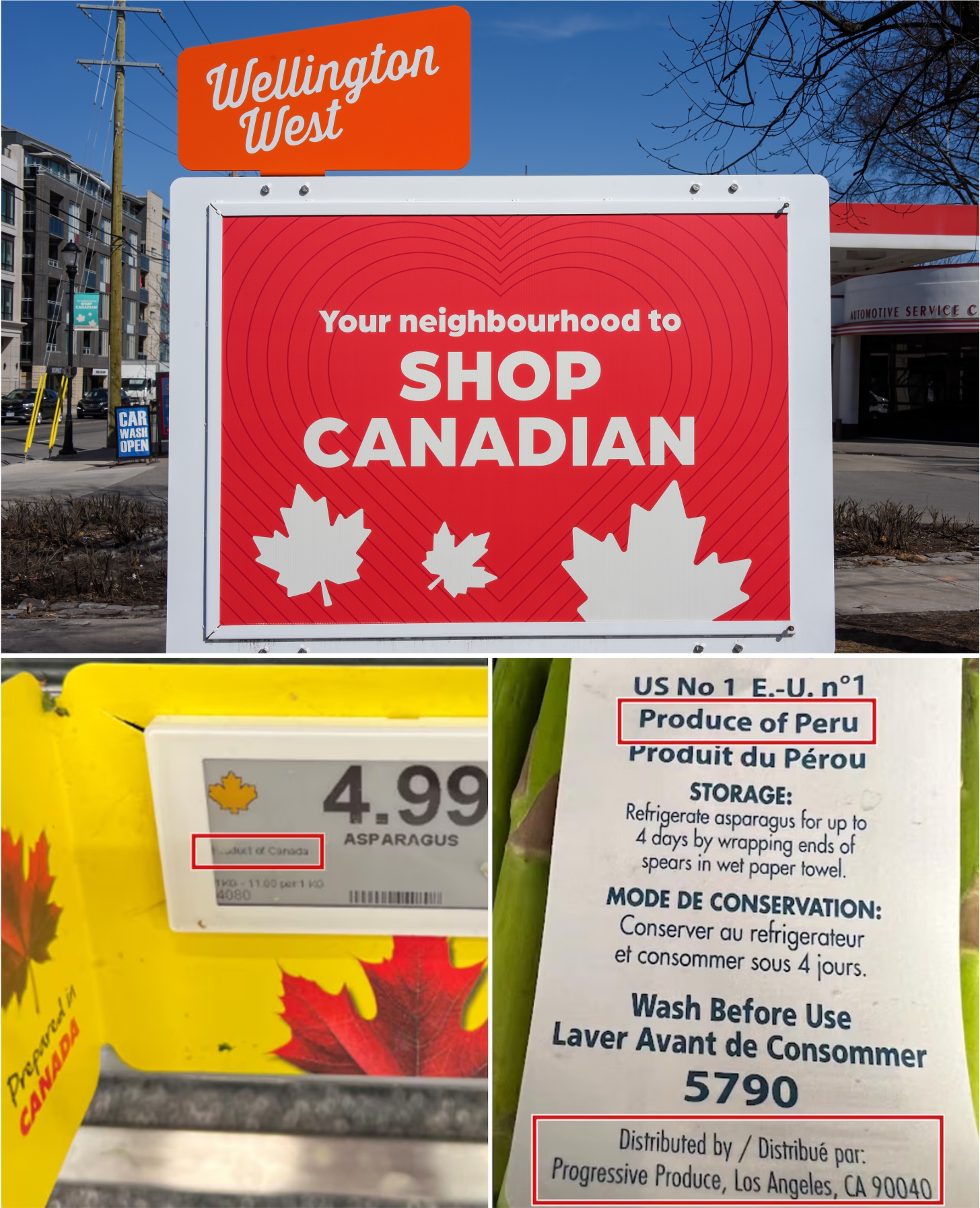 Choosing Canadian produce over American can be surprisingly difficult for Buy Canadian shoppers because the two countries’ supply chains are so intertwined. Even products marketed as Canadian may not actually be – a practice dubbed “maple washing”. At bottom, asparagus labelled “Product of Canada” actually grown in Peru and distributed by a U.S. company. 