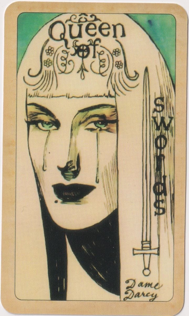 A stylized illustration of a woman's face in a tarot card style. The face has large, expressive eyes with tears, a prominent nose, and dark lips. The woman has long, straight hair with the text "Queen of Swords" written vertically along one side. On her forehead is an ornate design with the text "Queen". A sword is depicted next to her face. The overall color scheme is muted with shades of green and beige. The artist's signature "Dame Darcy" is visible at the bottom. A stylized illustration of a woman's face in a tarot card style. The face has large, expressive eyes with tears, a prominent nose, and dark lips. The woman has long, straight hair with the text "Queen of Swords" written vertically along one side. On her forehead is an ornate design with the text "Queen". A sword is depicted next to her face. The overall color scheme is muted with shades of green and beige. The artist's signature "Dame Darcy" is visible at the bottom.