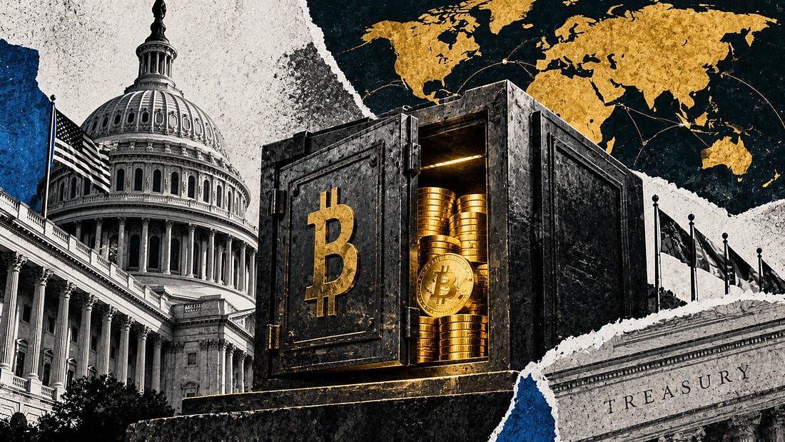 Government building beside a secured Bitcoin reserve vault, symbolizing public crypto holdings, treasury custody, and state digital asset policy.