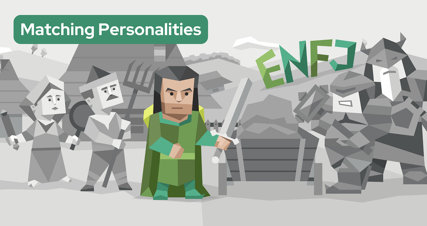 An ENFJ warrior stands confidently in a medieval village. He is clad in a green robe and wielding a sword as he faces off against grayscale armored opponents. Behind him are two grayscale villagers looking concerned and armed with makeshift weapons. To the right, the letters “ENFJ” are prominently displayed in green.