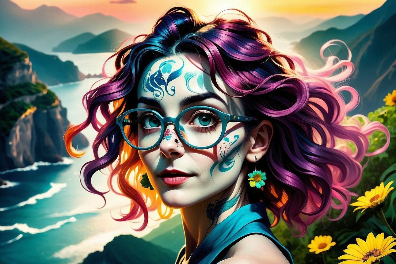 A striking digital painting of a woman with vibrant purple, pink, and orange hair, adorned with blue and teal tattoos on her face. She wears turquoise glasses and yellow flower earrings, standing against a scenic coastal backdrop with cliffs, ocean waves, and a golden sunset. Yellow flowers are in the foreground."