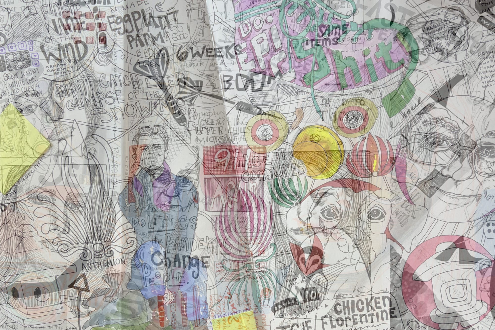 Montage of multiple weekly illustrated journal spreads.