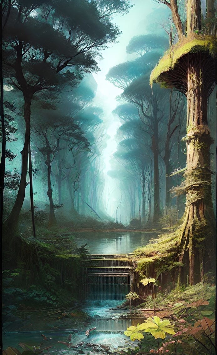 Color illustration of a woodland pool, created by Frank Moone, using Dream.AI