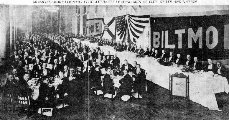 Photo of the testimonial banquet on Thursday, January 14, 1926, in the Great Room of the Biltmore Country Club building. Courtesy of the Miami Herald. Photo of the testimonial banquet on Thursday, January 14, 1926, in the Great Room of the Biltmore Country Club building. Courtesy of the Miami Herald.