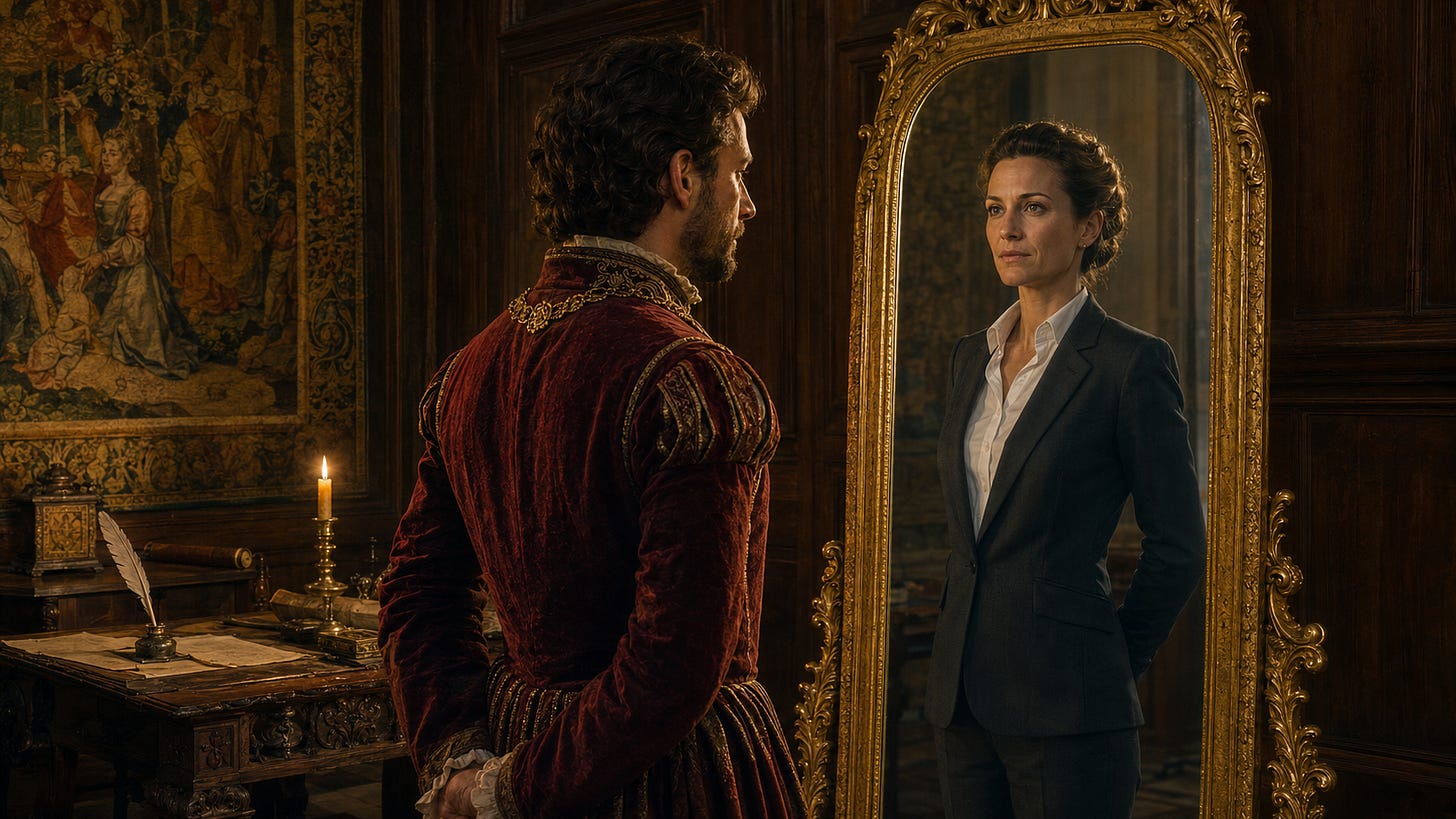 A Renaissance prince in a wood-panelled Florentine study looks into a tall gilt-framed mirror; the reflection staring back at him is a modern female leader in a charcoal blazer, wearing the same expression.