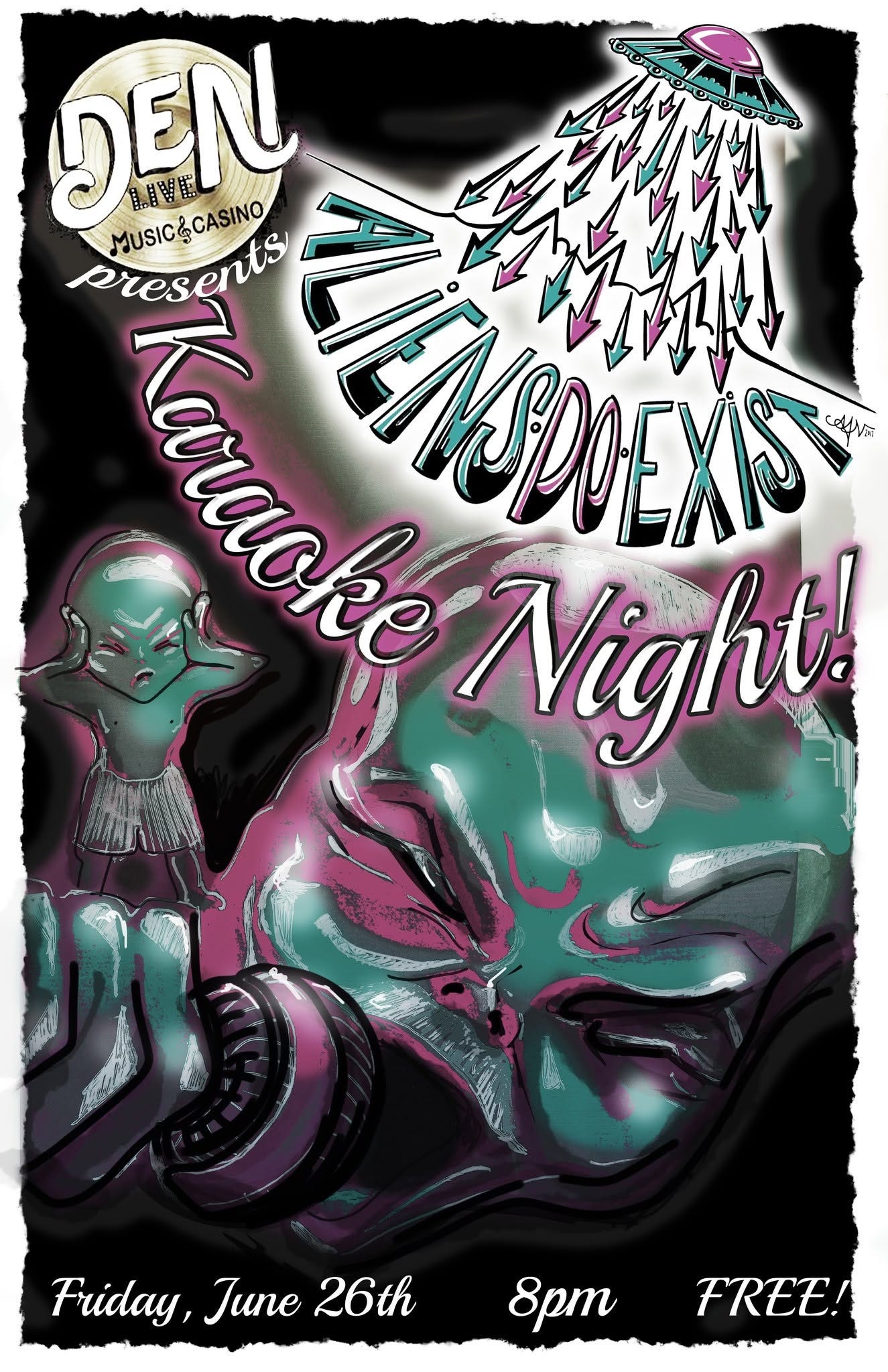 May be an image of text that says "Crom DEN CASINO presents HUSIOSCASNOS MUSIC&CASINO Πετлκe SIAS cesfrs Night! Friday, June 26th 8pT FREE!"