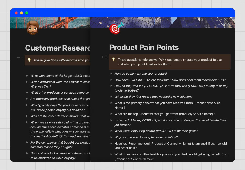 A screenshot of a Notion workspace displaying two dark-themed pages titled “Customer Research” and “Product Pain Points.” Each page contains bulleted question lists related to understanding customers and their pain points. The interface shows Notion’s typical layout with icons, section headers, and scrollbars. A caption below reads: “Notion is perfect to collect all your product and customer insights.
