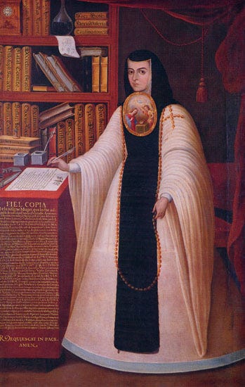 Sor (Sister) Juana Inés de la Cruz stands dressed in the white habit of the Hieronymite Order, with the "nun's shield" of the order, painted with the Annunciation, under her chin. A long black or brown panel hangs down the front of the habit from neck to floor. A long set of prayer beads hangs in a necklace down to her knees. Her right hand holds a quill pen, with which she is writing in a book on a red, rectangular pillar. Behind her is a bookshelf containing books and scientific glassware. A wimple of the same color as the panel, which widens at the shoulders, hides her hair.
