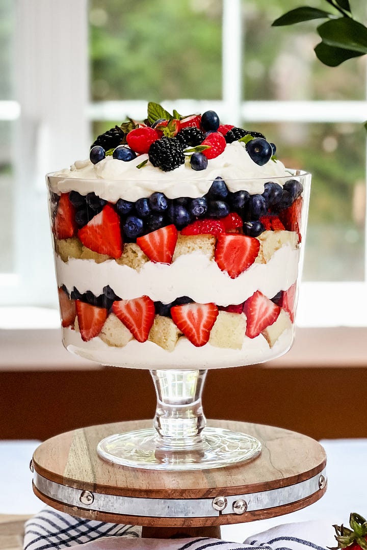 Easy spring desserts including a berry trifle, pudding cakes, strawberry bread, and bakewell tart.