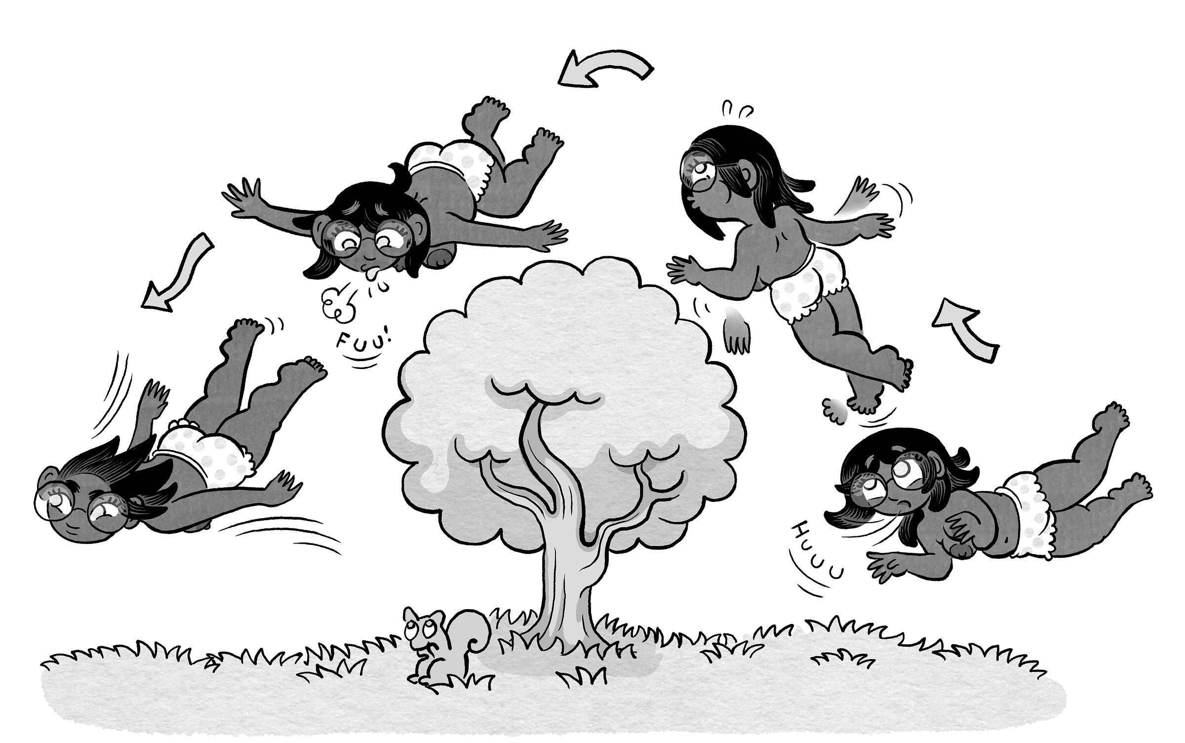 Diagram-like sequence showing the woman practicing aerial rolls around a tree. In four positions around the tree, arrows show her rotating through the air while puffing little bursts of breath. A squirrel watches from below.