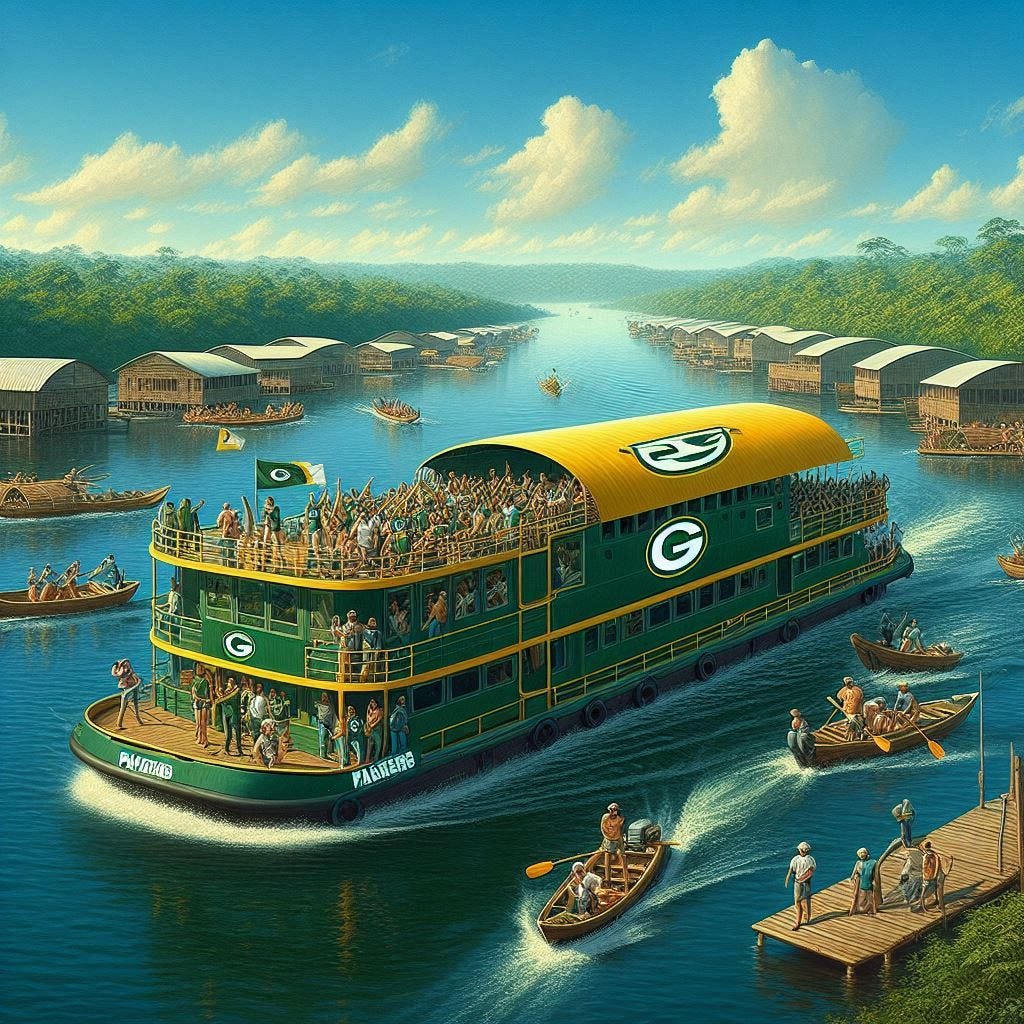 green bay packers river raft on the amazon river  photorealistic
